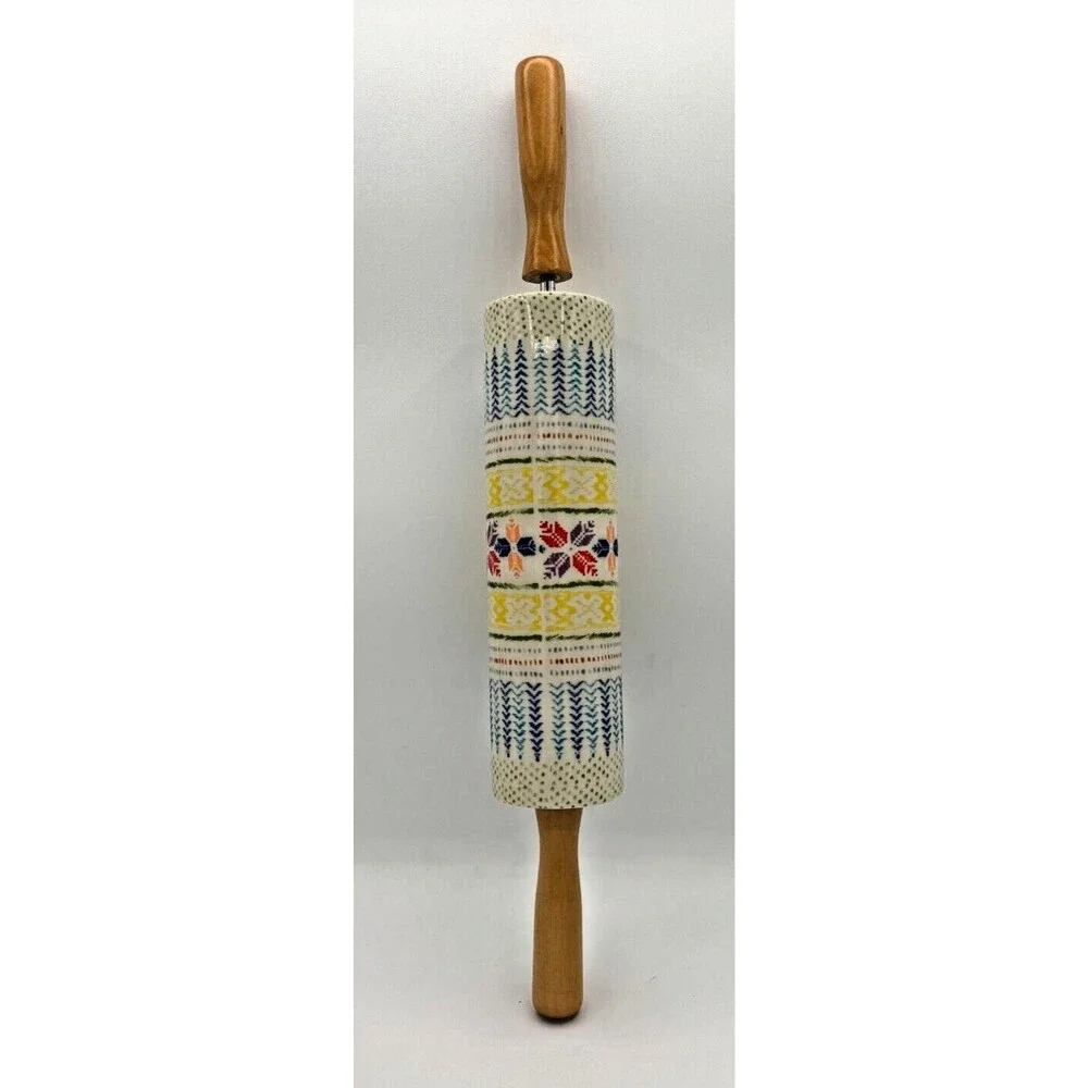 Anthropologie Rolling Pin POLAR GAZE Ceramic Winter Holiday Folk‎ Snowflake